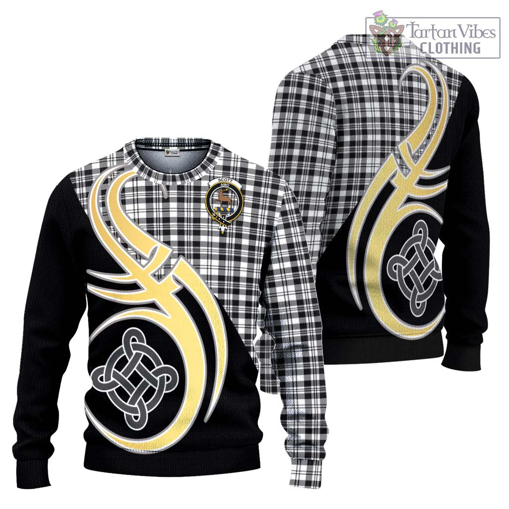 Scott Black White Tartan Knitted Sweater with Family Crest and Celtic Symbol Style Unisex - Tartan Vibes Clothing