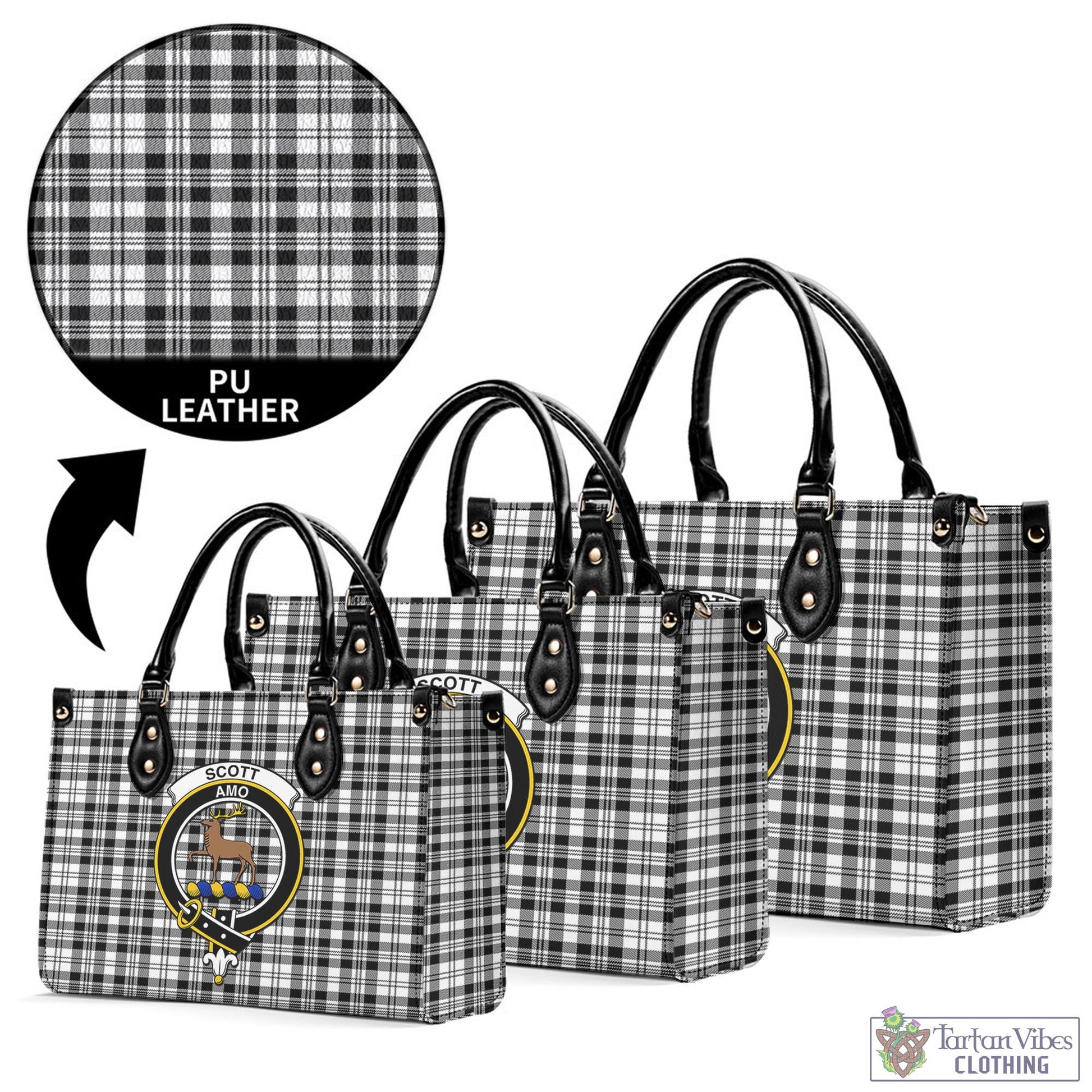 Tartan Vibes Clothing Scott Black White Tartan Luxury Leather Handbags with Family Crest