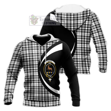 Scott Black White Tartan Knitted Hoodie with Family Crest Circle Style