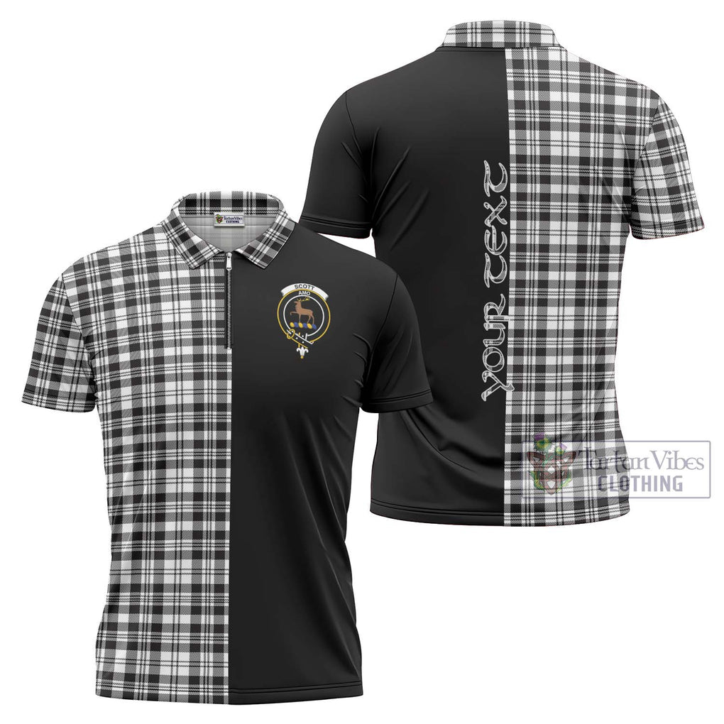 Scott Black White Tartan Zipper Polo Shirt with Family Crest and Half Of Me Style Unisex - Tartanvibesclothing Shop