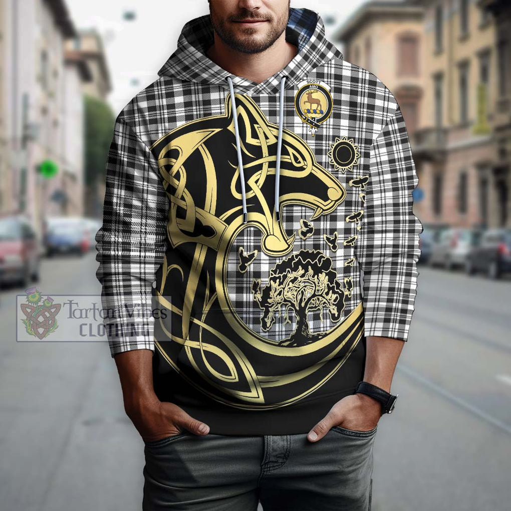 Scott Black White Tartan Hoodie with Family Crest Celtic Wolf Style Zip Hoodie - Tartan Vibes Clothing