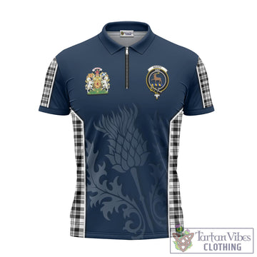 Scott Black White Tartan Zipper Polo Shirt with Family Crest and Scottish Thistle Vibes Sport Style