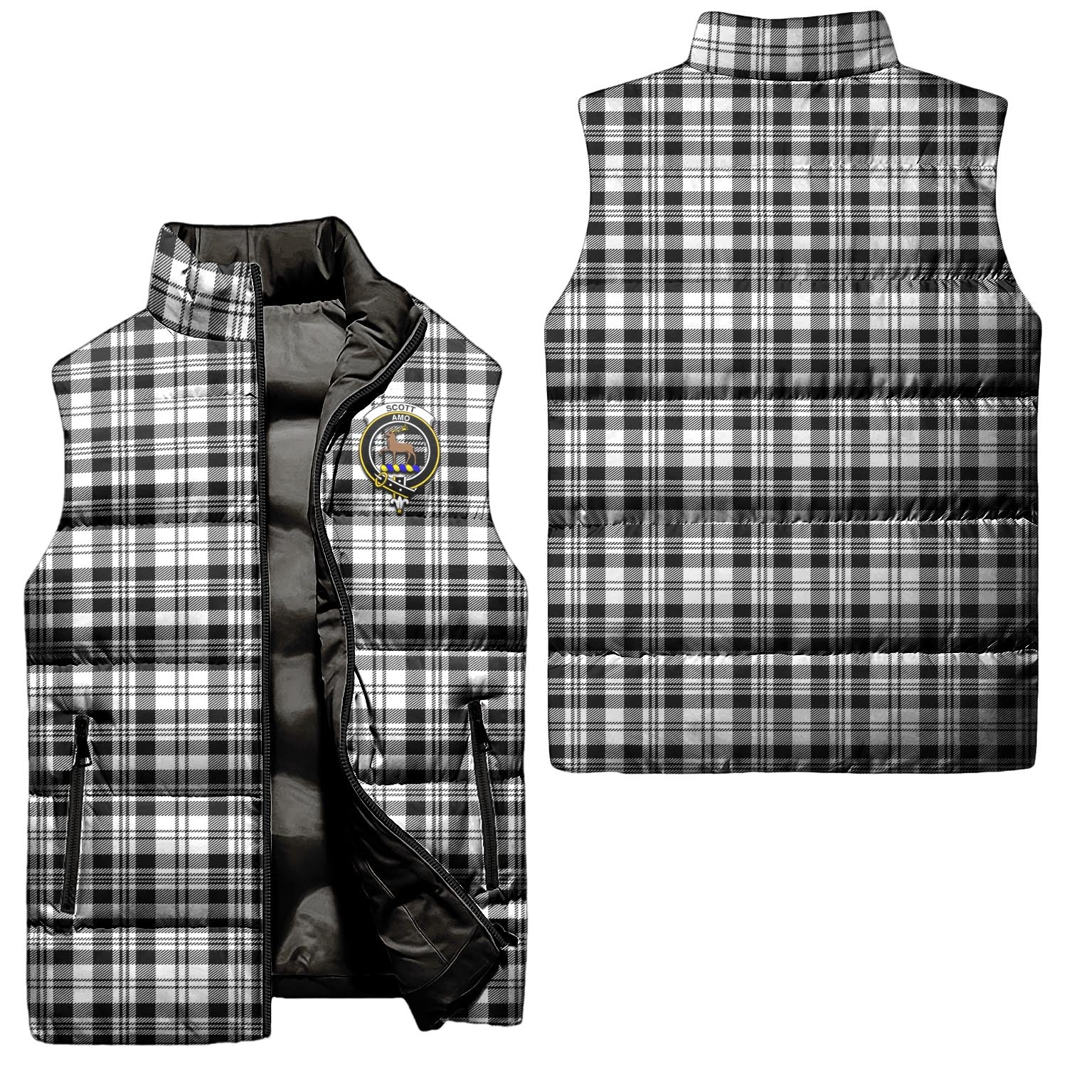 Scott Black White Tartan Sleeveless Puffer Jacket with Family Crest Unisex - Tartanvibesclothing