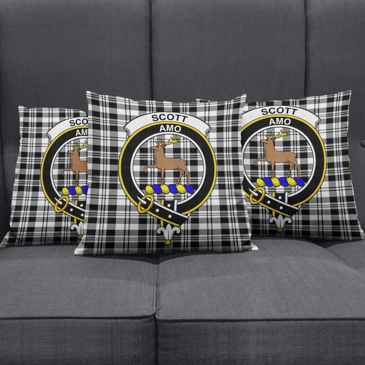 Scott Black White Tartan Pillow Cover with Family Crest Square Pillow Cover - Tartanvibesclothing