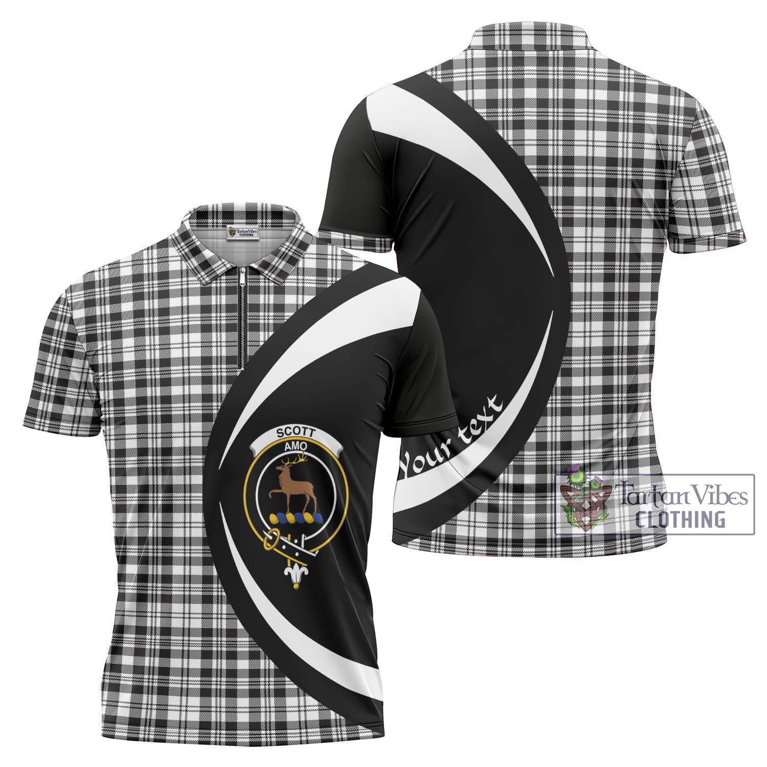 Scott Black White Tartan Zipper Polo Shirt with Family Crest Circle Style Unisex - Tartan Vibes Clothing