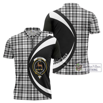 Scott Black White Tartan Zipper Polo Shirt with Family Crest Circle Style