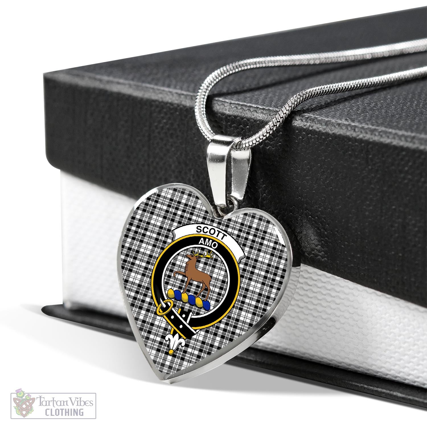 Tartan Vibes Clothing Scott Black White Tartan Heart Necklace with Family Crest