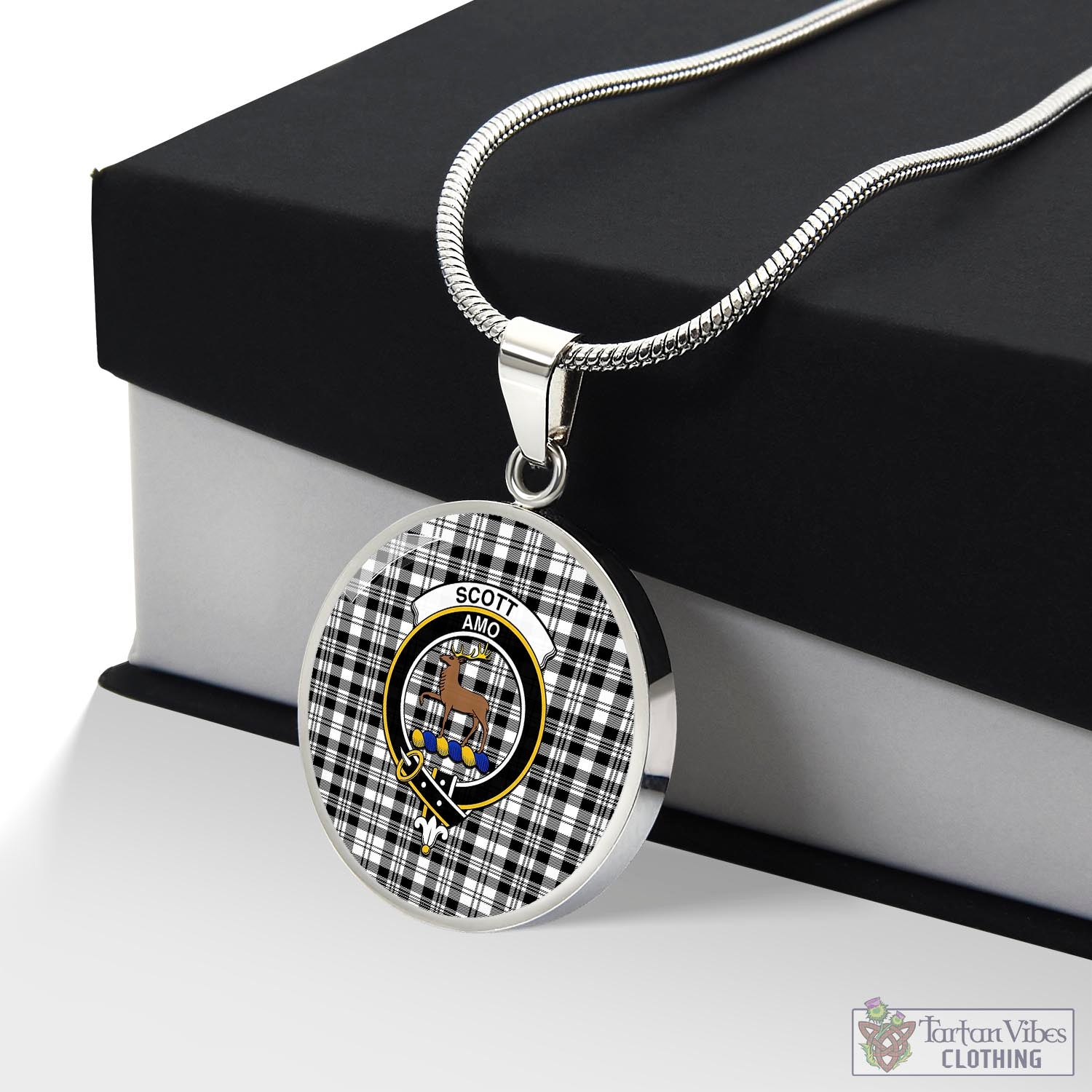 Tartan Vibes Clothing Scott Black White Tartan Circle Necklace with Family Crest