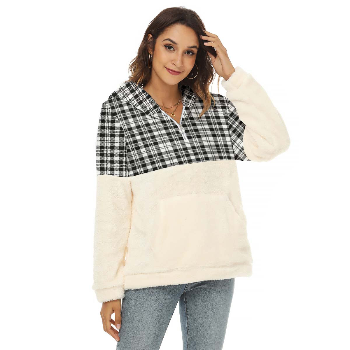 Scott Black White Tartan Women's Borg Fleece Hoodie With Half Zip Female - Tartan Vibes Clothing