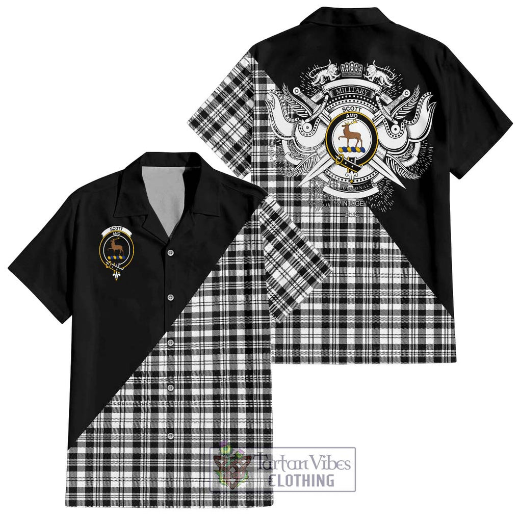 Scott Black White Tartan Short Sleeve Button Shirt with Family Crest and Military Logo Style Kid - Tartanvibesclothing Shop