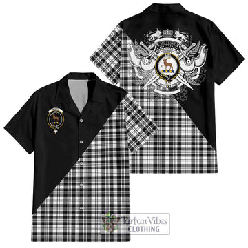 Scott Black White Tartan Short Sleeve Button Shirt with Family Crest and Military Logo Style