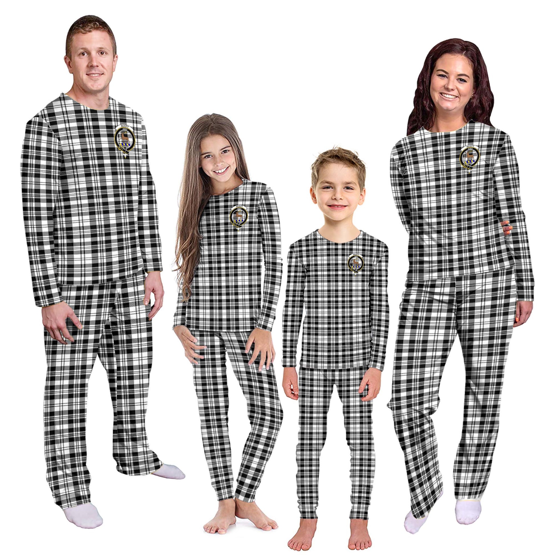 Scott Black White Tartan Pajamas Family Set with Family Crest - Tartanvibesclothing