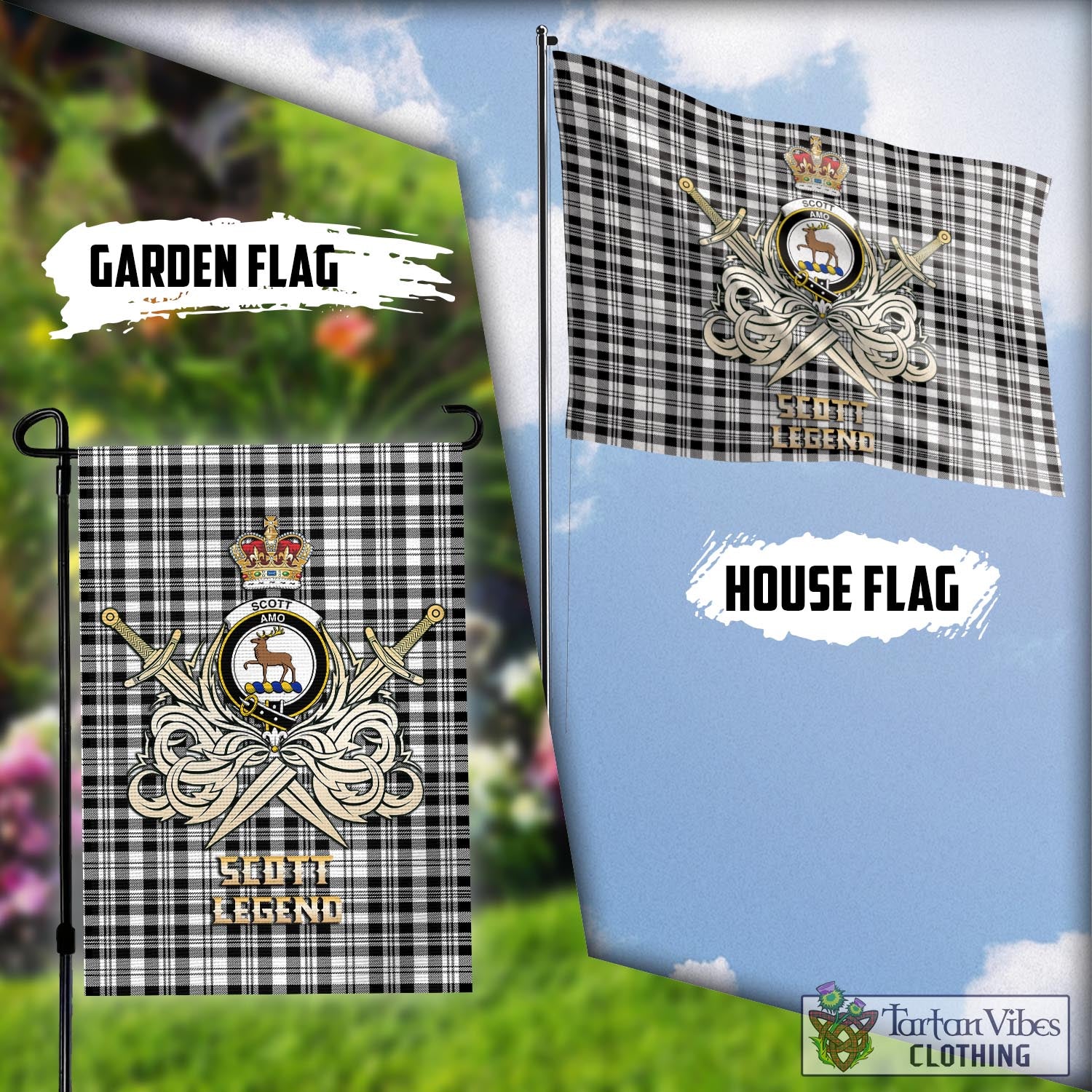 Tartan Vibes Clothing Scott Black White Tartan Flag with Clan Crest and the Golden Sword of Courageous Legacy