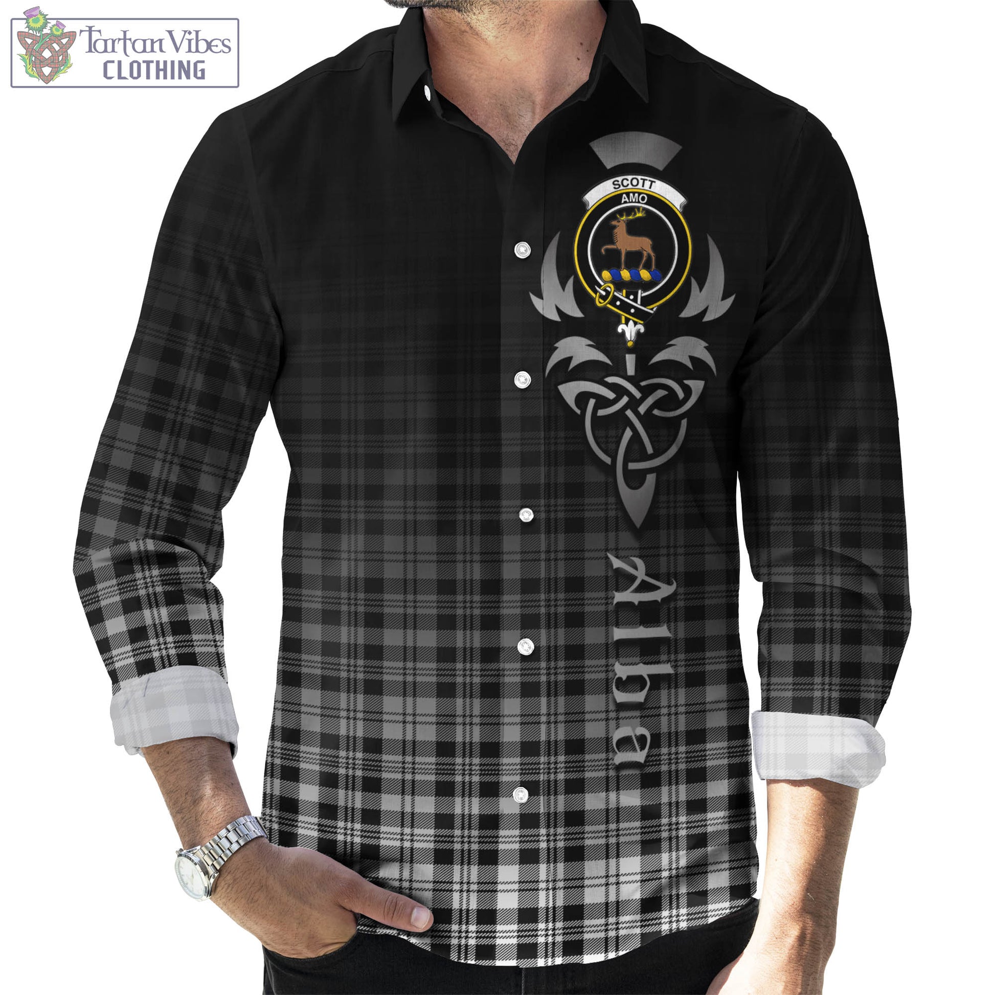 Tartan Vibes Clothing Scott Black White Tartan Long Sleeve Button Up Featuring Alba Gu Brath Family Crest Celtic Inspired