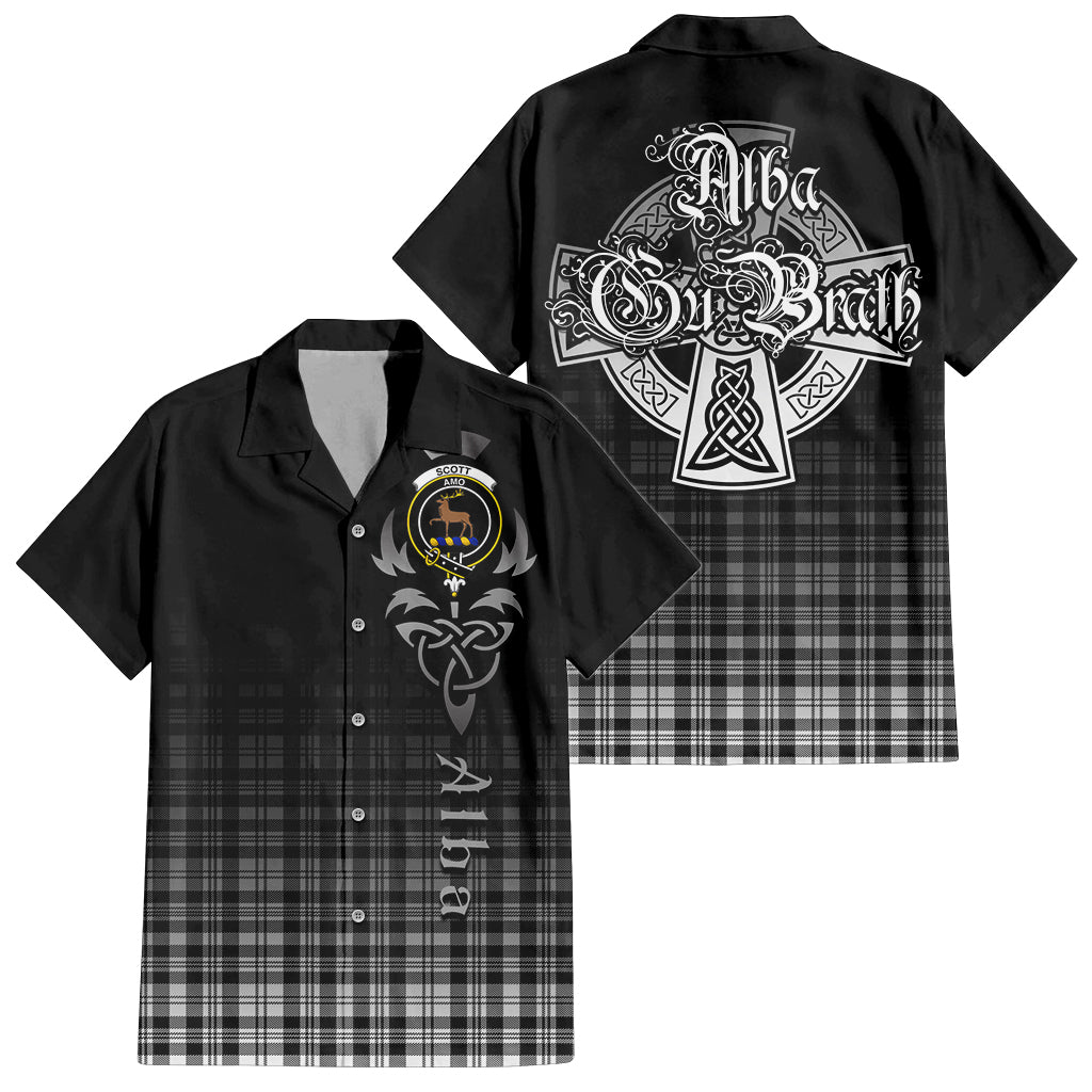 Tartan Vibes Clothing Scott Black White Tartan Short Sleeve Button Up Featuring Alba Gu Brath Family Crest Celtic Inspired