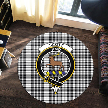 Scott Black White Tartan Round Rug with Family Crest