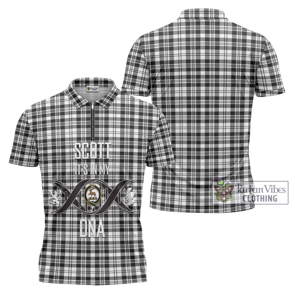 Scott Black White Tartan Zipper Polo Shirt with Family Crest DNA In Me Style Unisex - Tartanvibesclothing Shop