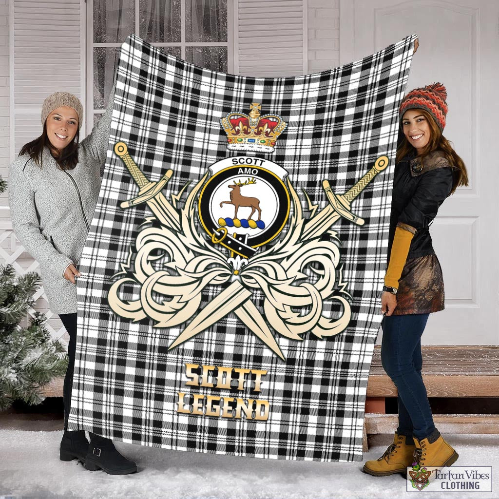 Tartan Vibes Clothing Scott Black White Tartan Blanket with Clan Crest and the Golden Sword of Courageous Legacy