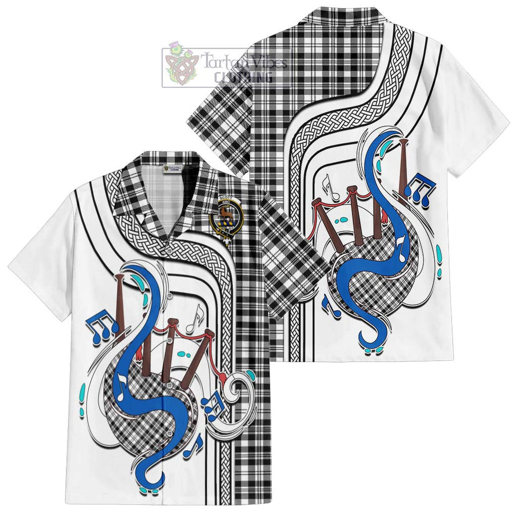 Scott Black White Tartan Short Sleeve Button Shirt with Epic Bagpipe Style Kid - Tartanvibesclothing Shop