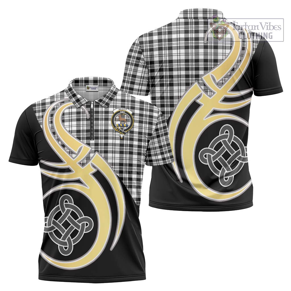 Tartan Vibes Clothing Scott Black White Tartan Zipper Polo Shirt with Family Crest and Celtic Symbol Style