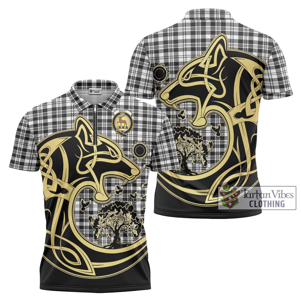 Scott Black White Tartan Zipper Polo Shirt with Family Crest Celtic Wolf Style Unisex - Tartanvibesclothing Shop