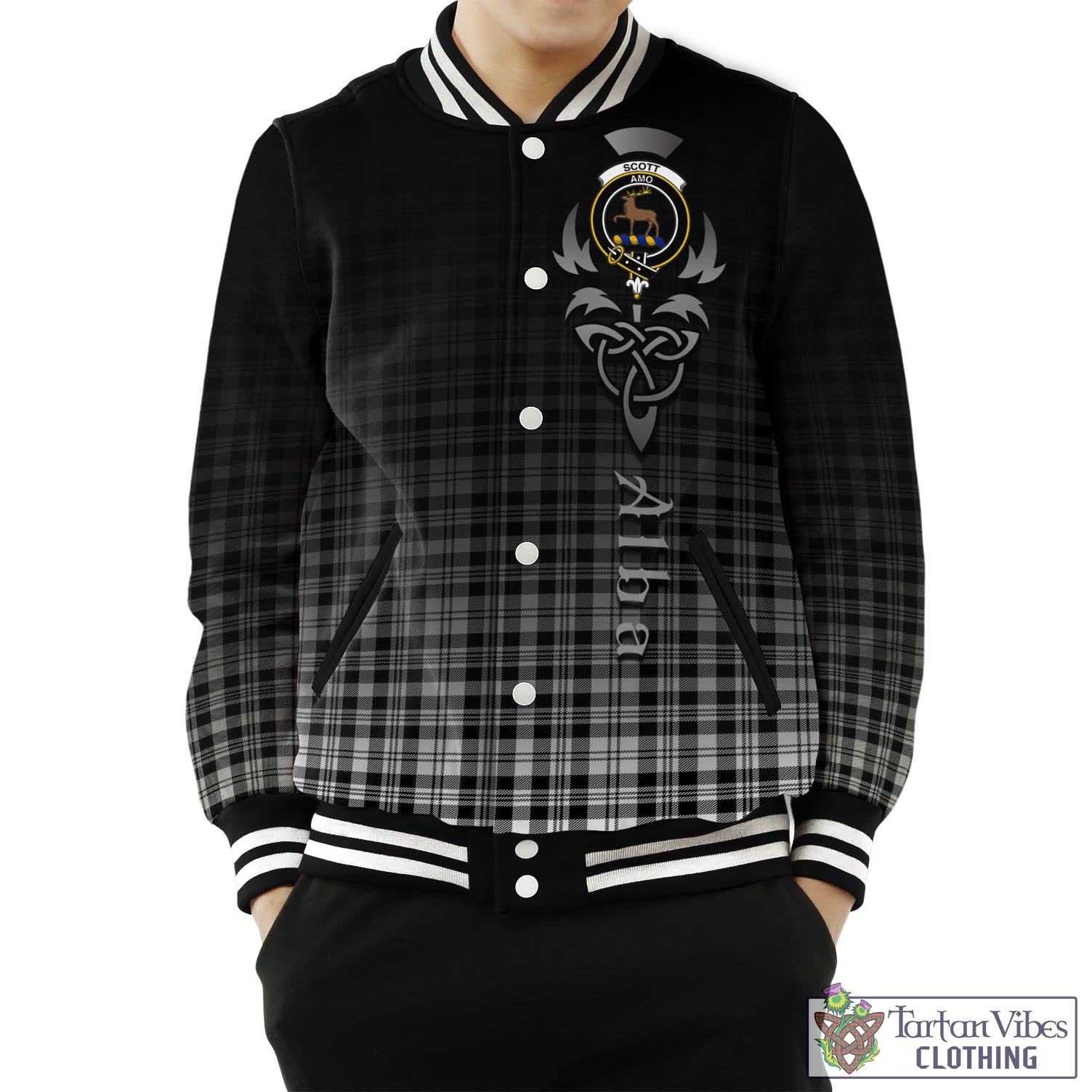 Tartan Vibes Clothing Scott Black White Tartan Baseball Jacket Featuring Alba Gu Brath Family Crest Celtic Inspired