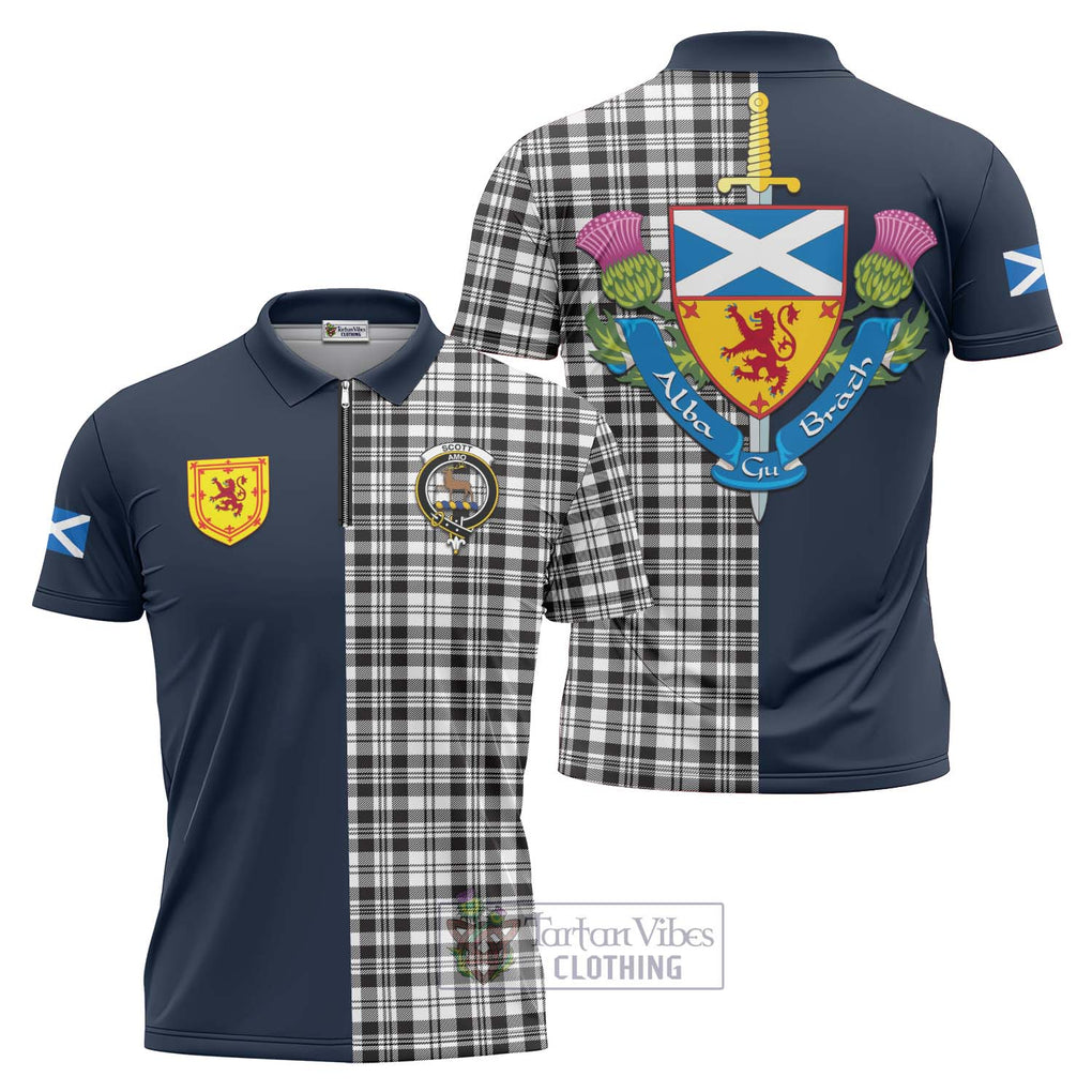 Tartan Vibes Clothing Scott Black White Tartan Zipper Polo Shirt with Scottish Lion Royal Arm Half Style