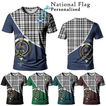 Scott Black White Tartan T-Shirt with Personalised National Flag and Family Crest Half Style