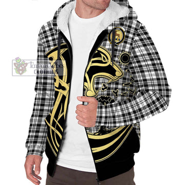 Scott Black White Tartan Sherpa Hoodie with Family Crest Celtic Wolf Style