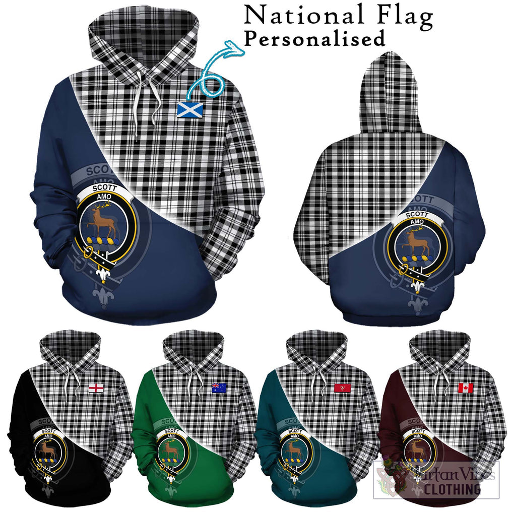 Scott Black White Tartan Hoodie with Personalised National Flag and Family Crest Half Style Zip Hoodie - Tartanvibesclothing Shop