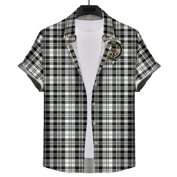 Scott Black White Tartan Short Sleeve Button Down Shirt with Family Crest