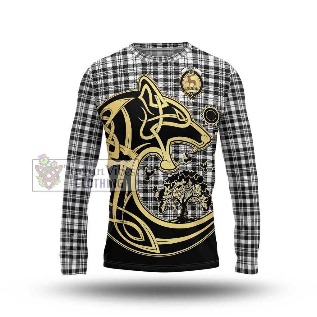 Scott Black White Tartan Long Sleeve T-Shirt with Family Crest Celtic Wolf Style Unisex - Tartan Vibes Clothing