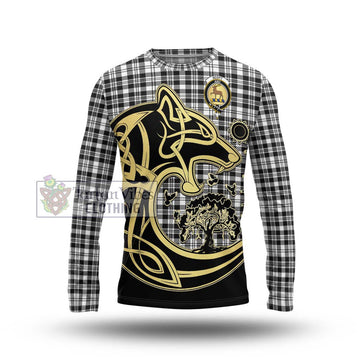 Scott Black White Tartan Long Sleeve T-Shirt with Family Crest Celtic Wolf Style