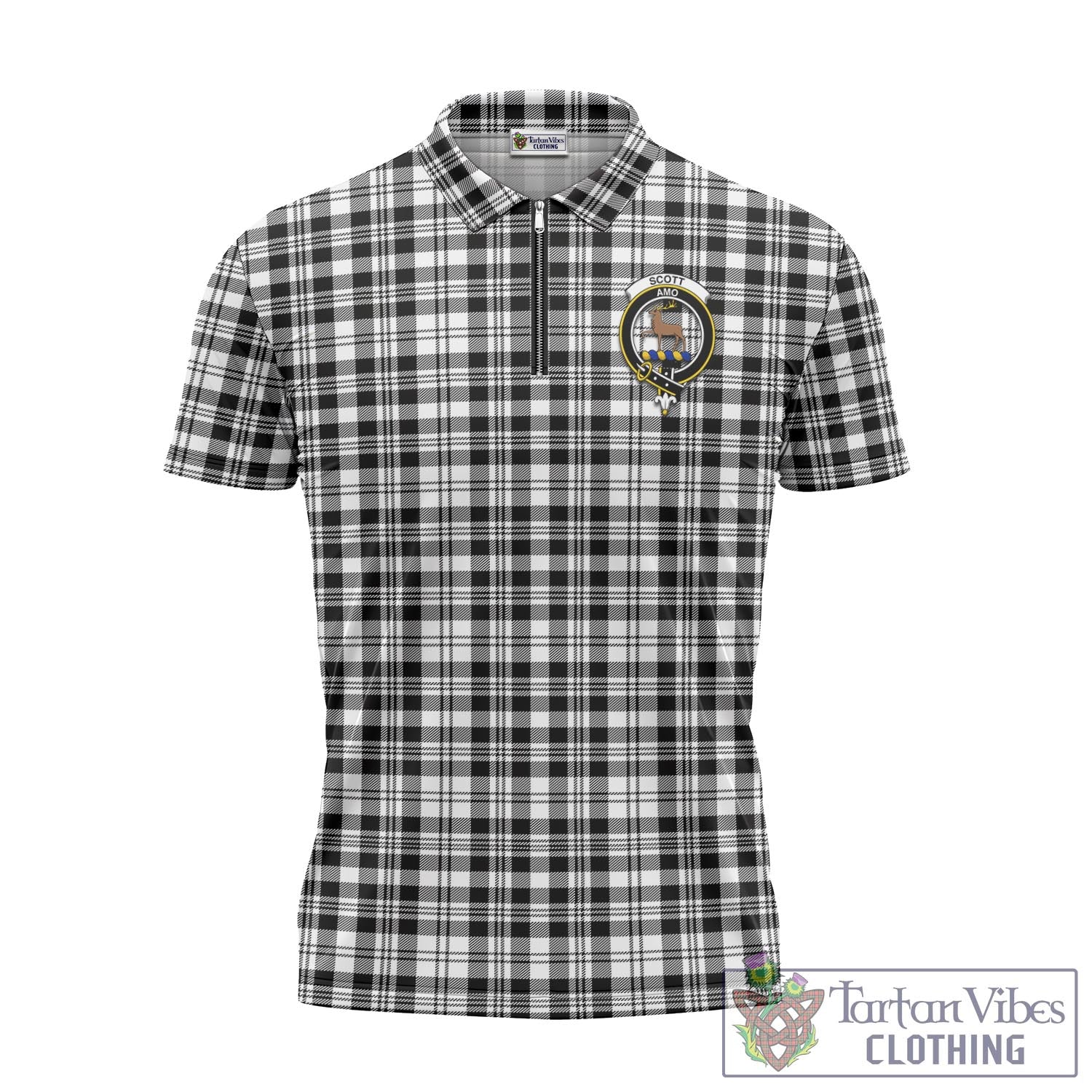 Tartan Vibes Clothing Scott Black White Tartan Zipper Polo Shirt with Family Crest