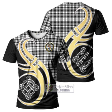 Scott Black White Tartan T-Shirt with Family Crest and Celtic Symbol Style