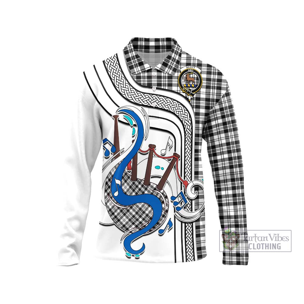 Tartan Vibes Clothing Scott Black White Tartan Long Sleeve Polo Shirt with Epic Bagpipe Style