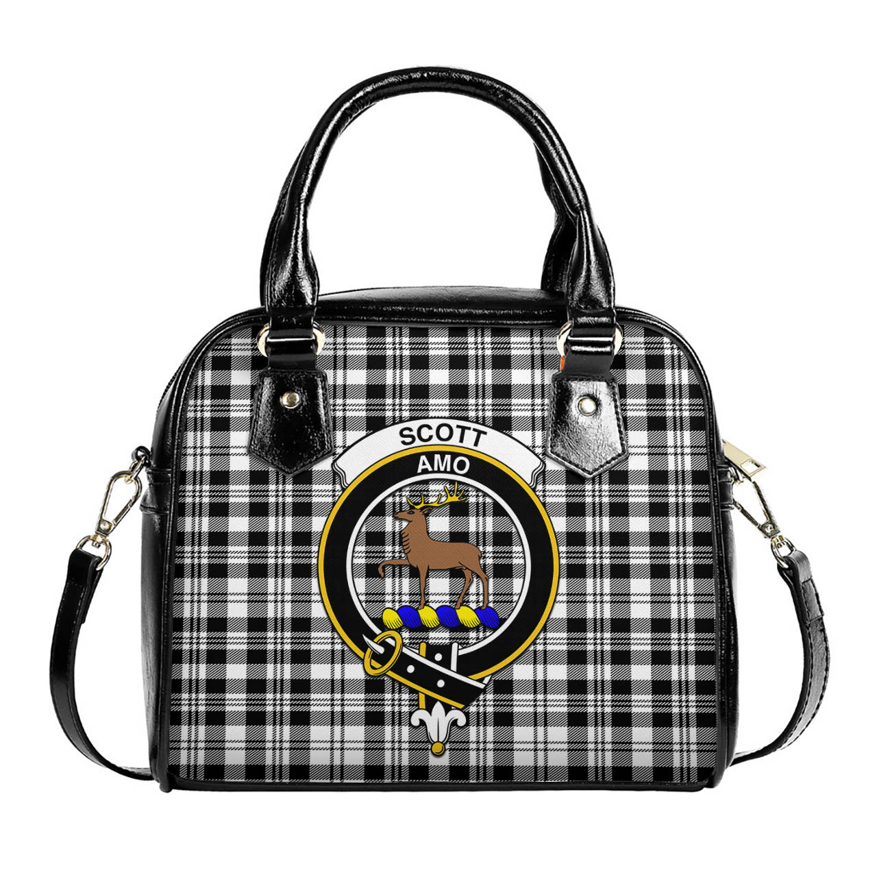 Scott Black White Tartan Shoulder Handbags with Family Crest One Size 6*25*22 cm - Tartanvibesclothing