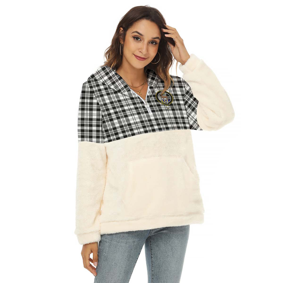 Scott Black White Tartan Women's Borg Fleece Hoodie With Half Zip with Family Crest Female - Tartan Vibes Clothing