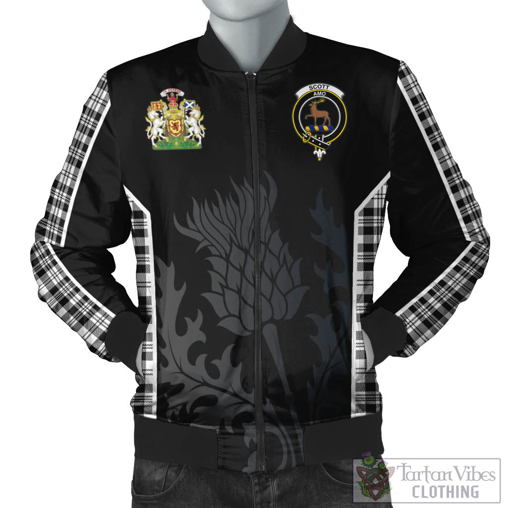 Tartan Vibes Clothing Scott Black White Tartan Bomber Jacket with Family Crest and Scottish Thistle Vibes Sport Style