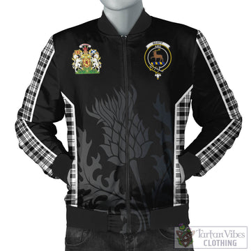 Scott Black White Tartan Bomber Jacket with Family Crest and Scottish Thistle Vibes Sport Style