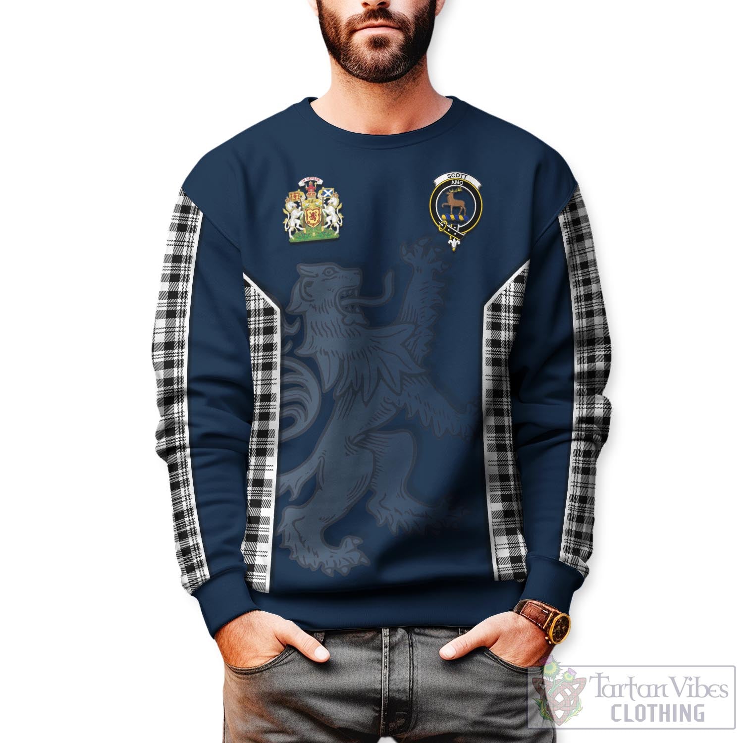 Tartan Vibes Clothing Scott Black White Tartan Sweater with Family Crest and Lion Rampant Vibes Sport Style