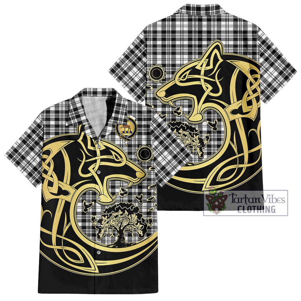 Scott Black White Tartan Short Sleeve Button Shirt with Family Crest Celtic Wolf Style Kid - Tartan Vibes Clothing