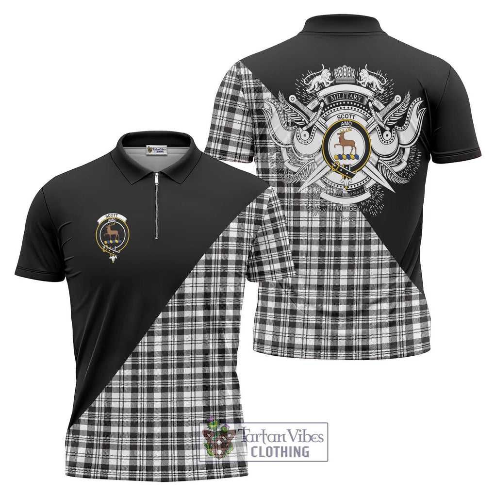 Scott Black White Tartan Zipper Polo Shirt with Family Crest and Military Logo Style Unisex - Tartanvibesclothing Shop