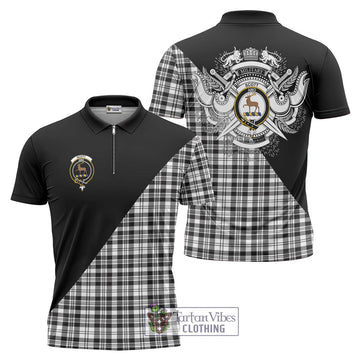 Scott Black White Tartan Zipper Polo Shirt with Family Crest and Military Logo Style