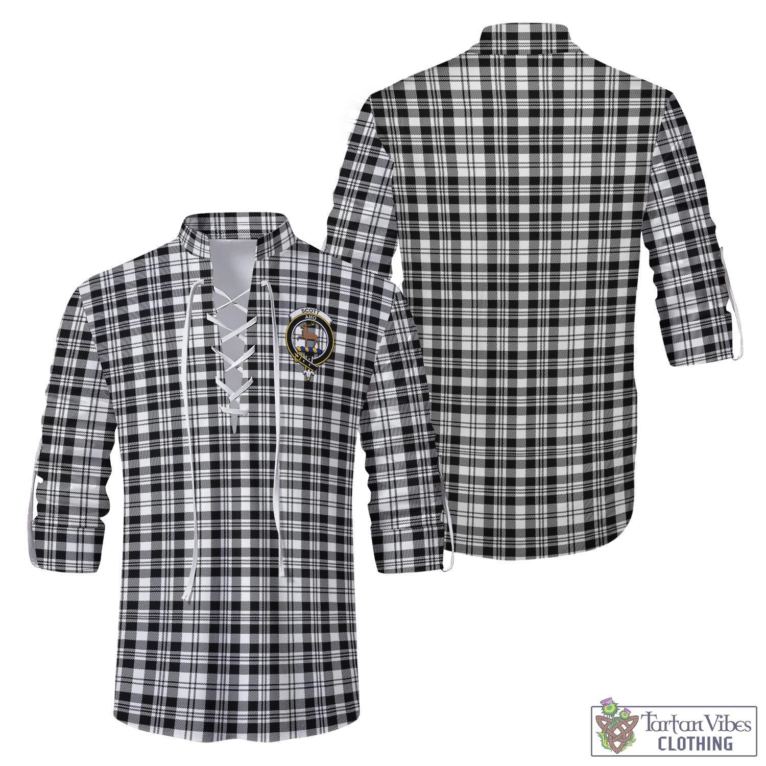 Tartan Vibes Clothing Scott Black White Tartan Men's Scottish Traditional Jacobite Ghillie Kilt Shirt with Family Crest