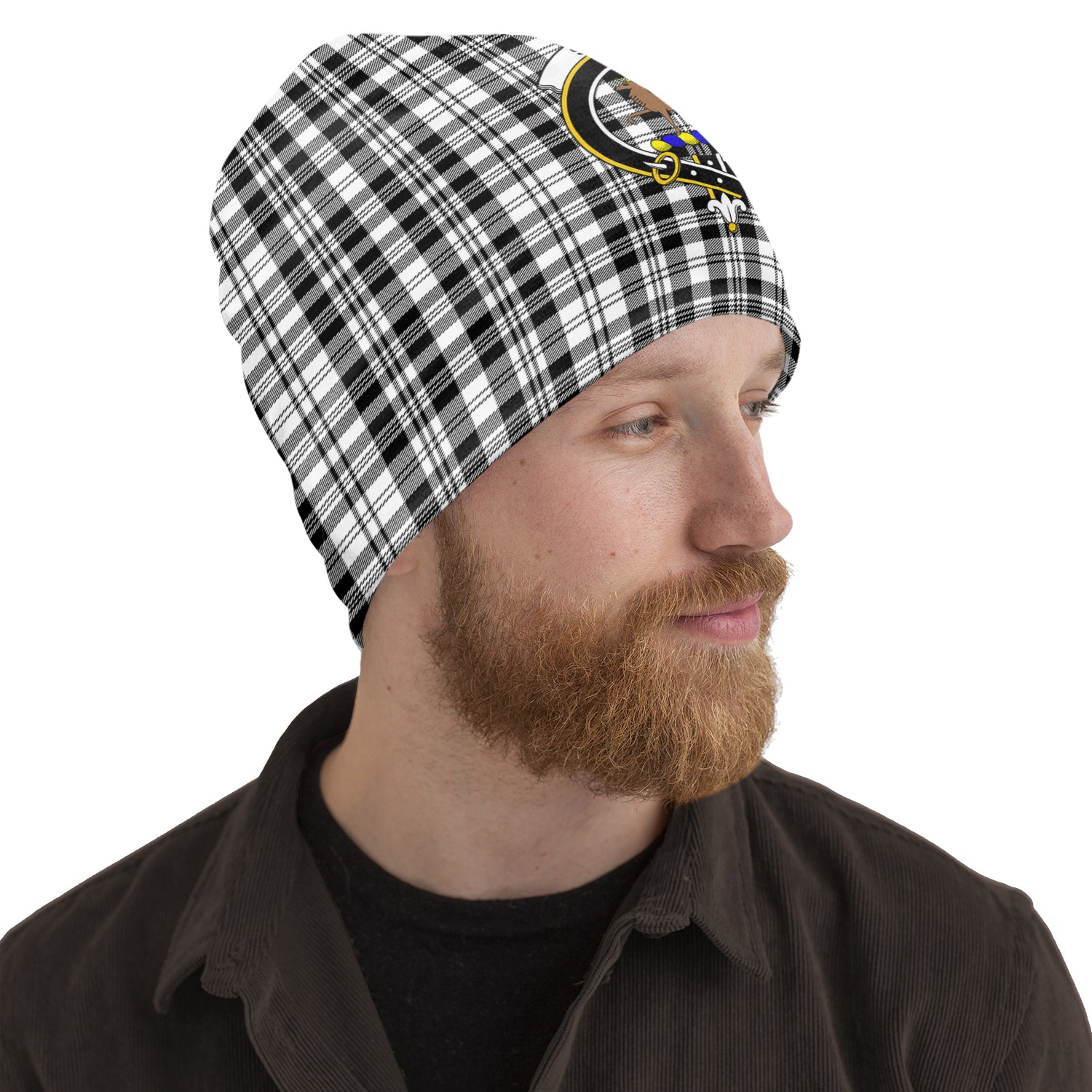 Scott Black White Tartan Beanies Hat with Family Crest One Size 10.5*10.2 inches - Tartan Vibes Clothing