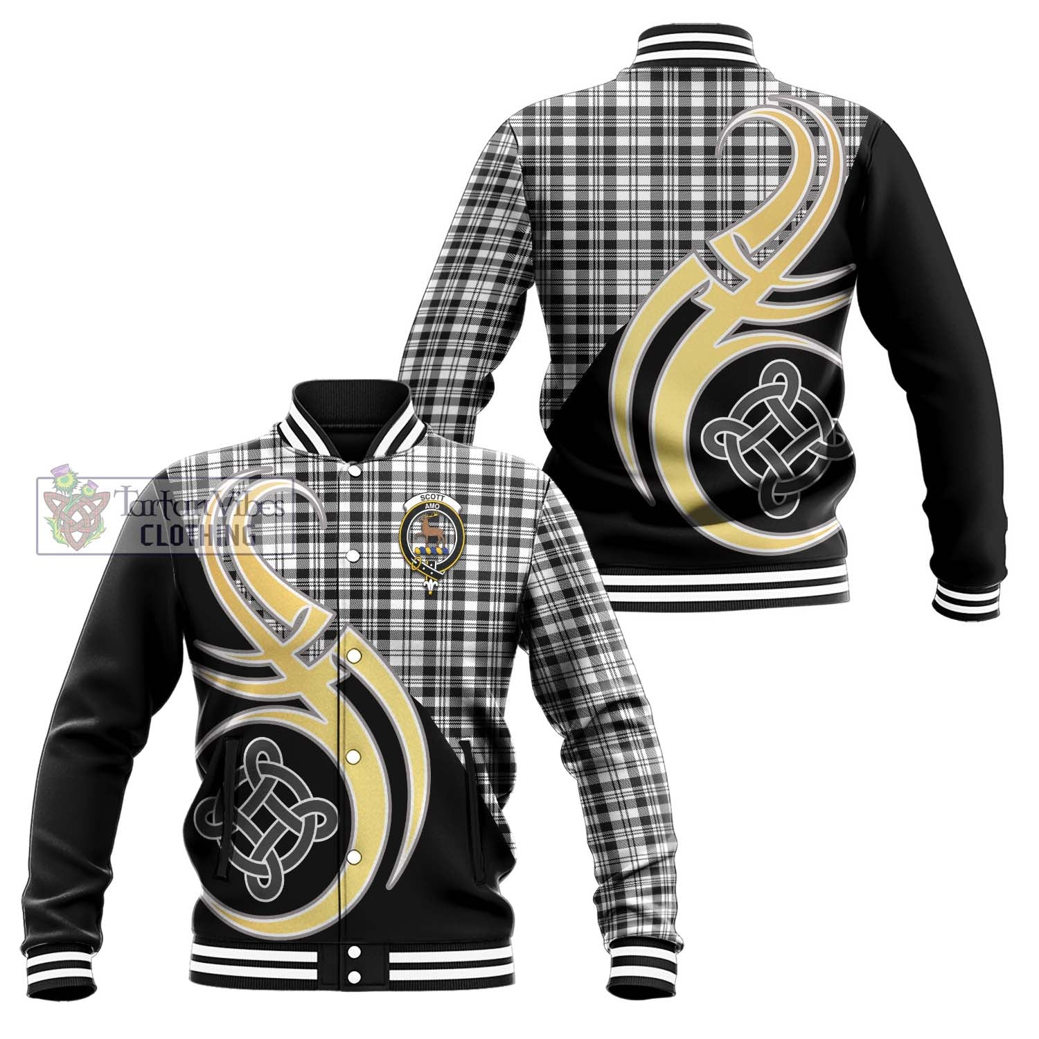 Scott Black White Tartan Baseball Jacket with Family Crest and Celtic Symbol Style Unisex - Tartan Vibes Clothing