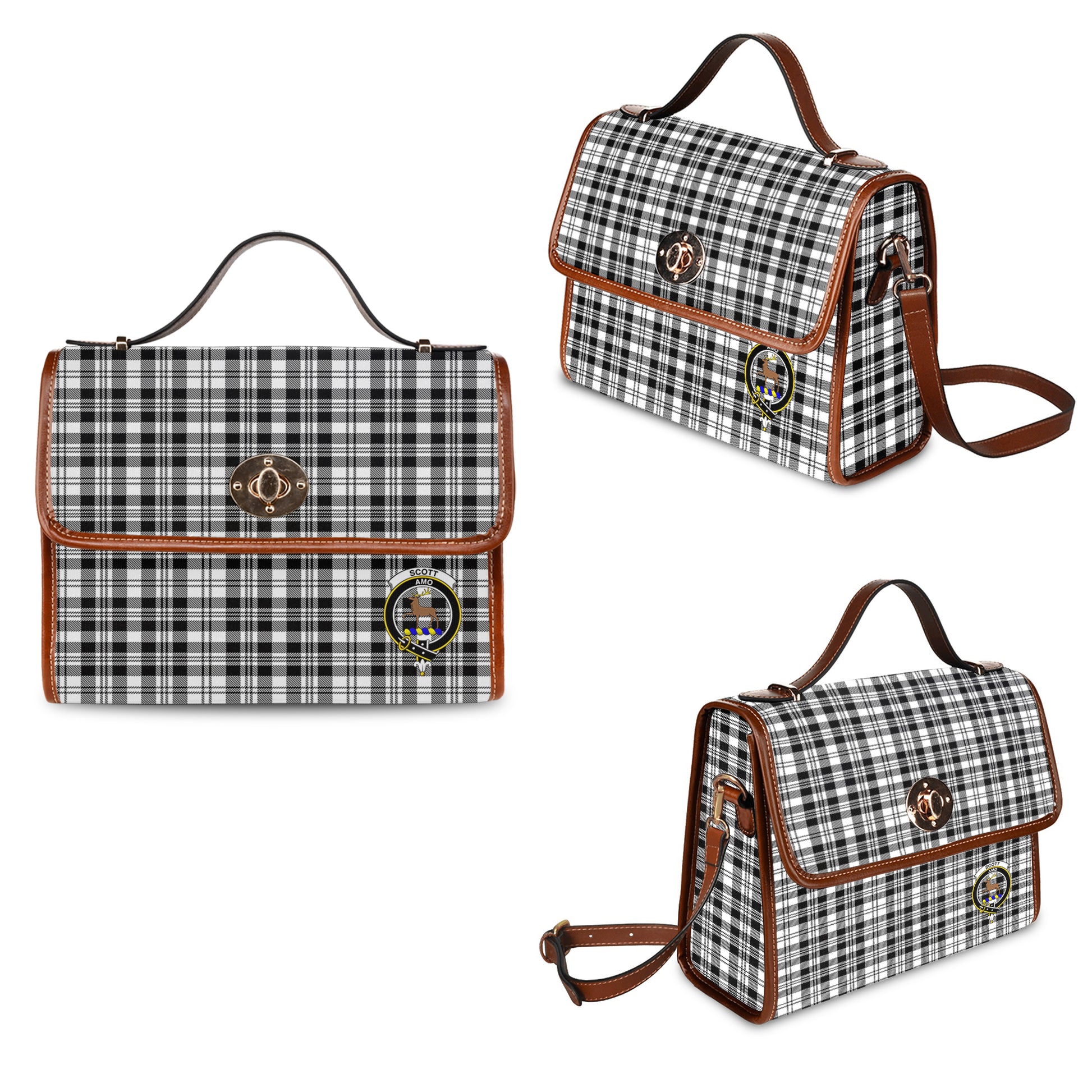 scott-black-white-tartan-leather-strap-waterproof-canvas-bag-with-family-crest