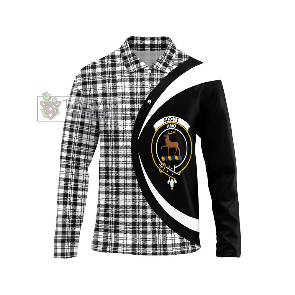 Scott Black White Tartan Long Sleeve Polo Shirt with Family Crest Circle Style Unisex - Tartan Vibes Clothing