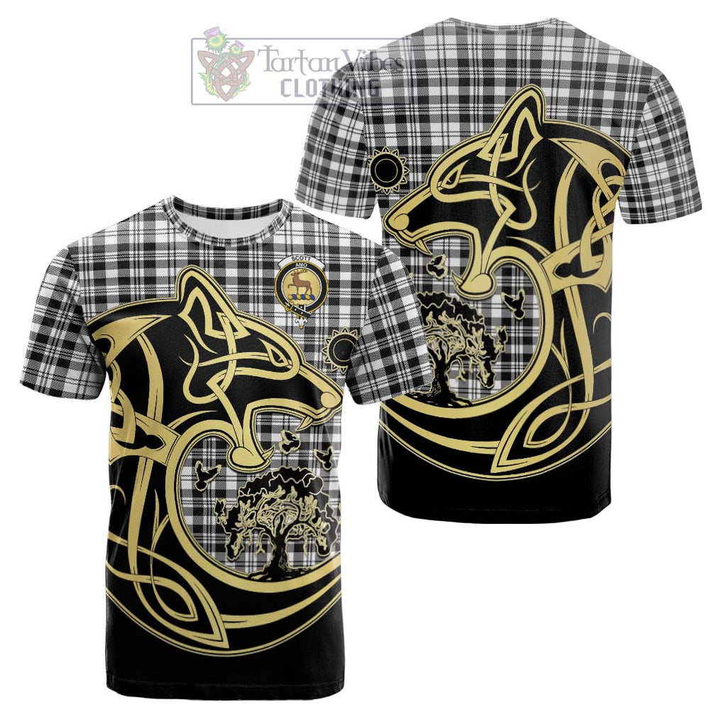 Tartan Vibes Clothing Scott Black White Tartan Cotton T-shirt with Family Crest Celtic Wolf Style